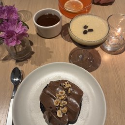 Strawberry daiquiri, salted caramel pot de crème, espresso martini and chocolate cake.