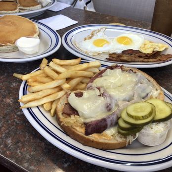 Seaport Diner - Insanely delicious Reuben sandwich! The back was sunny side eggs with bacon, and pancakes. All was so good! - Diners Near Me - Elizabeth, New Jersey