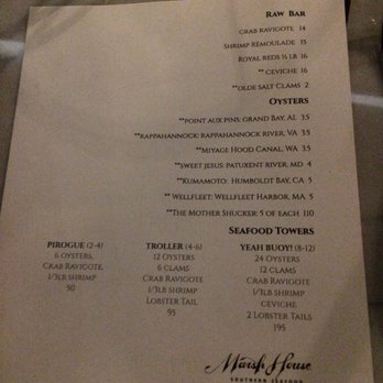 Marsh House - Raw bar menu 3/16/17 - Southern Near Me - Nashville, Tennessee
