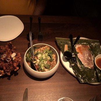 Wayan - (Right to left) Steamed fish, Lobster Noodles, and corn fritters. - Indonesian Near Me - New York, New York