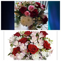 What I got vs the photo. The whole reason I picked this arrangement was due to the cute pink flowers which were missing entirely