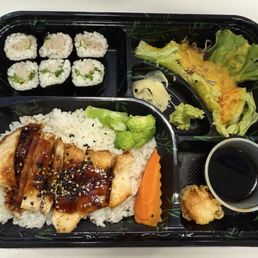 Chicken Teriyaki Bento Box + $5 extra for the yellowtail scallion roll ($25)