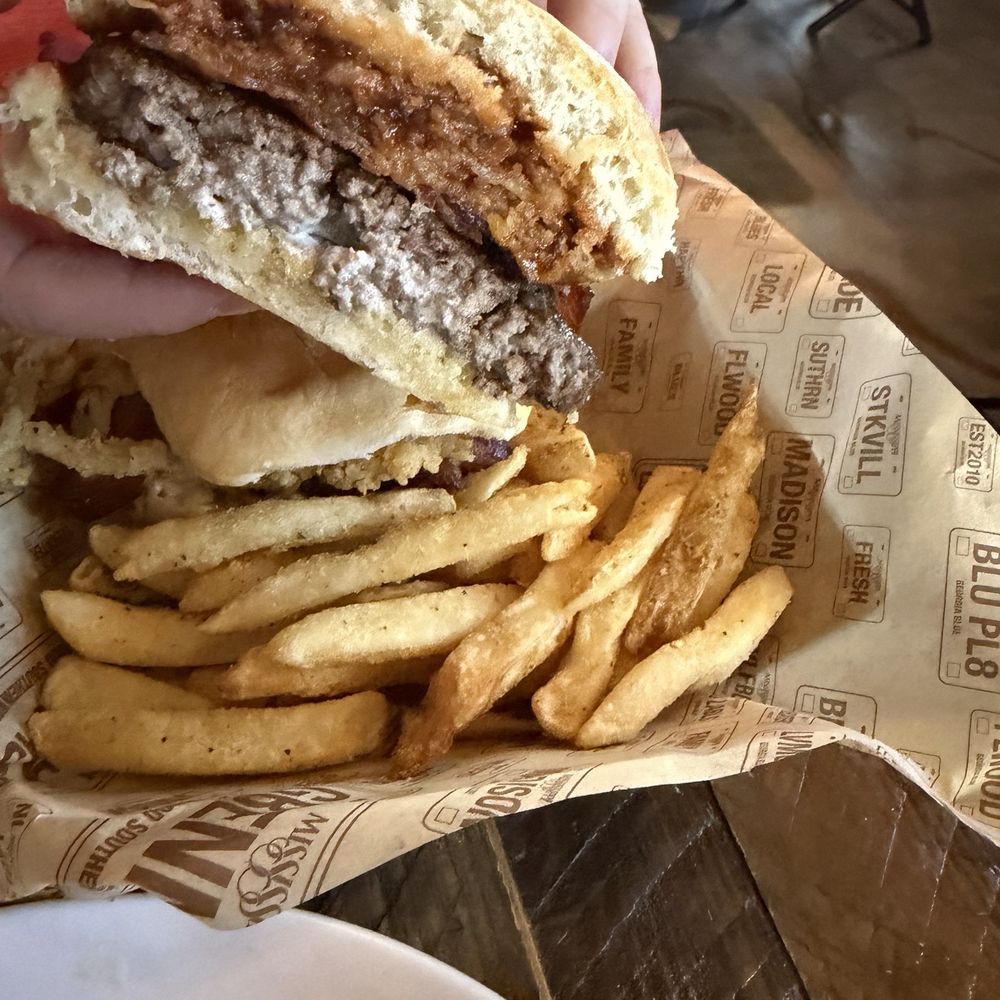 Georgia Blue - Rodeo Burger with seasoned fries - Southern Near Me - Madison, Mississippi Georgia Blue - Rodeo Burger with seasoned fries - Southern Near Me - Madison, Mississippi