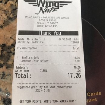 Wing Nutz - This is idiotic. $17 for a shot and a beer. Strip clubs don't charge this much. Never coming here again. - Chicken Wings Near Me - Orem, Utah Wing Nutz - This is idiotic. $17 for a shot and a beer. Strip clubs don't charge this much. Never coming here again. - Chicken Wings Near Me - Orem, Utah