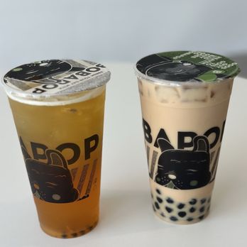 Elite Experience: BoBaPoP Tea Bar - Passion fruit green tea no added toppings on left and bobapop milk tea comes with boba - Yelp Events Near Me - San Marcos, California