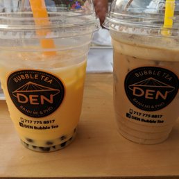 Mango tea with tapioca bubbles (left), Vietnamese coffee with condensed milk (right)