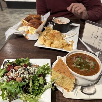 Snake River Brewing - Bison/beef chili, walnut gorgonzola salad, trout dip with homemade chips, fish and chips - Brewpubs Near Me - Jackson, Wyoming