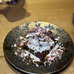 Golden Gai - Chocolate brownie - soy brownie, miso caramel, caramelized white chocolate, freeze dried ice cream, whipped cream
