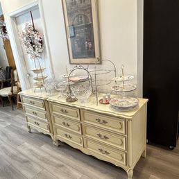 a buffet table with dishes on it