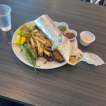 Popular - Chicken Shawarma with eggplant fries and sauces!! - Mediterranean Near Me - Encino , California Popular - Chicken Shawarma with eggplant fries and sauces!! - Mediterranean Near Me - Encino , California