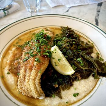 Chez Lafayette - Fried Catfish with honey butter, grits, and greens!! So good!! - Cajun/Creole Near Me - Tacoma, Washington