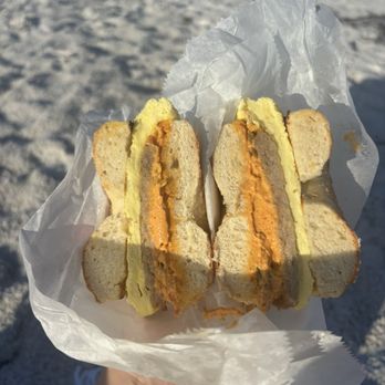 St. Pete Bagel Co - Sausage, egg, and jalapeño salsa cream cheese on a salt bagel - Bagels Near Me - Largo, Florida