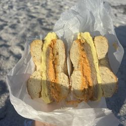 St. Pete Bagel Co - Sausage, egg, and jalapeño salsa cream cheese on a salt bagel