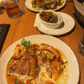 Haywire - Blackened catfish and Gulf shrimp Cast iron potatoes (middle) Blacked gulf snapper (far) - New American Near Me - Dallas, Texas Haywire - Blackened catfish and Gulf shrimp Cast iron potatoes (middle) Blacked gulf snapper (far) - New American Near Me - Dallas, Texas