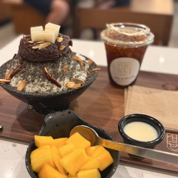 Sul & Beans - Black Sesame Bingsoo with side of mango. Comes with free cold brew since it was opening day. - Shaved Ice Near Me - Granada Hills, California