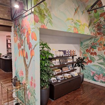 Hotel Chocolat - The image shows a vibrant, hand-painted mural of plants and flowers on the interior wall, with a display shelf and potted plants. - Chocolatiers & Shops Near Me - Chicago, Illinois