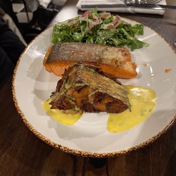 The James - Seared Salmon with Sweet Potato wedge and salad....sooo good! - Wine Bars Near Me - Geneva, Illinois