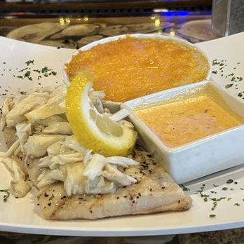 Parrish's Restaurant & Lounge - grilled grouper topped with lump crabmeat. side of creole sauce. mashed potatoes. - Lounges Near Me - Long Beach, Mississippi