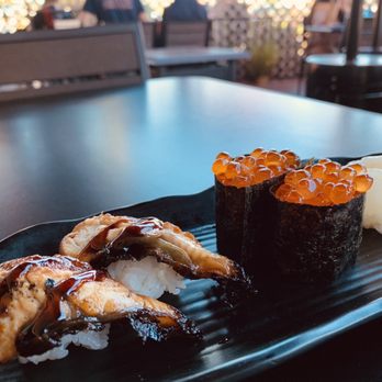 Hon Sushi - From the left: fresh water eel, salmon eggs roe, and Halibut Nigiri - Sushi Bars Near Me - Corona, California