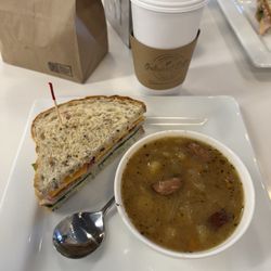 Oakwood Cafe - Coffee(breve), soup(cabbage, kielbasa, potato), sandwich(turkey cranberry) and scones(savory cranberry) dine in  and goat cheese) to go