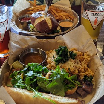 Seward Brewing - Wagyu burger (back), That Pho King Sandwich (front) - Pubs Near Me - Seward, Alaska
