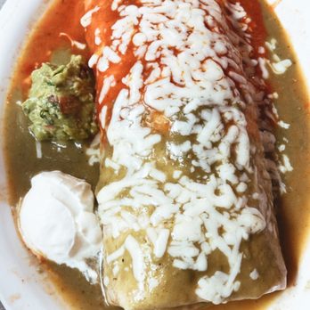 La Cascada Mexican Restaurant - Shrimp burrito half green half red sauce - Mexican Near Me - Ceres, California