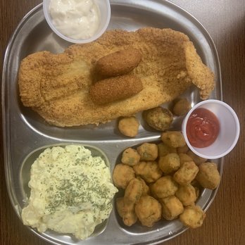 MeMa's Chick'n & Ribs - Catfish plate with Porto salad and fried okra - Southern Near Me - Burgaw, North Carolina MeMa's Chick'n & Ribs - Catfish plate with Porto salad and fried okra - Southern Near Me - Burgaw, North Carolina