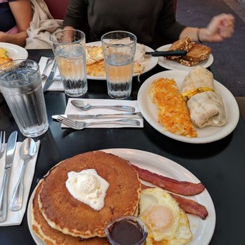 Russell's - Blueberry pancakes, eggs, bacon. Ultimate burrito on the side with hash browns. And the country fried steak - American Near Me - Pasadena, California