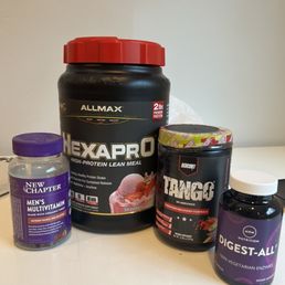 Mens Multivitamins, AllMax Protein Powder, Tango Creatine, and digestive (capsules to help with absorption and breaking down of protein). Mens Multivitamins, AllMax Protein Powder, Tango Creatine, and digestive (capsules to help with absorption and breaking down of protein).