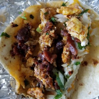 Taqueria Tex-Taco - The Randy Taco (potatoes, egg, chorizo, bacon, cilantro, onions, & cheese) - Mexican Near Me - Katy, Texas Taqueria Tex-Taco - The Randy Taco (potatoes, egg, chorizo, bacon, cilantro, onions, & cheese) - Mexican Near Me - Katy, Texas
