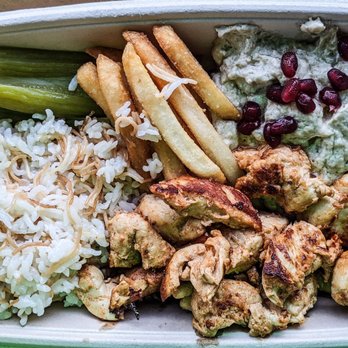 SUMAC - Chicken kabob plate, with rice, fries, pickles and baba ghanouj. - Caterers Near Me SUMAC - Chicken kabob plate, with rice, fries, pickles and baba ghanouj. - Caterers Near Me