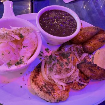 Smugglers Cocina Cubana - Chicken breast, yuca, black beans & rice, and maduros - Cuban Near Me - Miami, Florida Smugglers Cocina Cubana - Chicken breast, yuca, black beans & rice, and maduros - Cuban Near Me - Miami, Florida