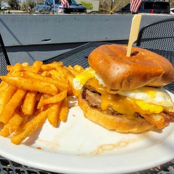 B1 Tavern - B1 Hangover Burger - burger with sausage patty, bacon, cheddar cheese, fried egg, bacon aioli and spicy ketchup. - Bars Near Me - Keego Harbor, Michigan B1 Tavern - B1 Hangover Burger - burger with sausage patty, bacon, cheddar cheese, fried egg, bacon aioli and spicy ketchup. - Bars Near Me - Keego Harbor, Michigan