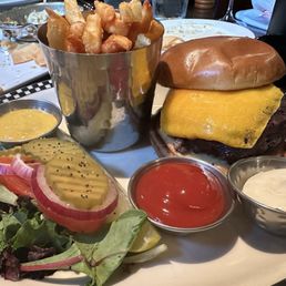 Burger and coated fries