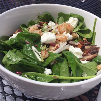 Monti's - Warm Spinach Salad , Rock Shrimp , Bacon , Goat Cheese , Dates , Almonds - Mediterranean Near Me - Santa Rosa, California Monti's - Warm Spinach Salad , Rock Shrimp , Bacon , Goat Cheese , Dates , Almonds - Mediterranean Near Me - Santa Rosa, California