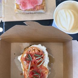 Homemade strawberry poptart, ricotta sourdough, salty dog latte Homemade strawberry poptart, ricotta sourdough, salty dog latte