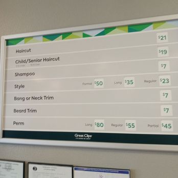 Great Clips - Menu WALK-IN WELCOME HOURS 8 AM TO 7PM SATURDAY 9 TO 6PM SUNDAY 10 TO 4 PM SENIOR PRICE $19.00 - Hair Salons Near Me - Palm Springs, California Great Clips - Menu WALK-IN WELCOME HOURS 8 AM TO 7PM SATURDAY 9 TO 6PM SUNDAY 10 TO 4 PM SENIOR PRICE $19.00 - Hair Salons Near Me - Palm Springs, California