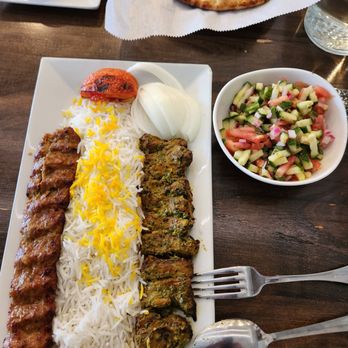 Amoo's Restaurant - LAMB CHIMICHURI SOLTANI WITH A KUBIDEH SIDE OF SHIRAZI SALAD - Persian/Iranian Near Me - McLean, Virginia Amoo's Restaurant - LAMB CHIMICHURI SOLTANI WITH A KUBIDEH SIDE OF SHIRAZI SALAD - Persian/Iranian Near Me - McLean, Virginia