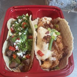 Chimichurri Steak and Chicken & Waffle tacos