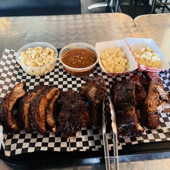 Bibs Ribs - Top: Mac salad, Bbq beans, Mac n cheese Bottom: Pork Ribs, Beef Ribs and Wood smoked Brisket - Barbeque Near Me - Whittier, California Bibs Ribs - Top: Mac salad, Bbq beans, Mac n cheese Bottom: Pork Ribs, Beef Ribs and Wood smoked Brisket - Barbeque Near Me - Whittier, California