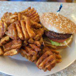 Blue Hills Cafe - Burger. Seasoned fries.