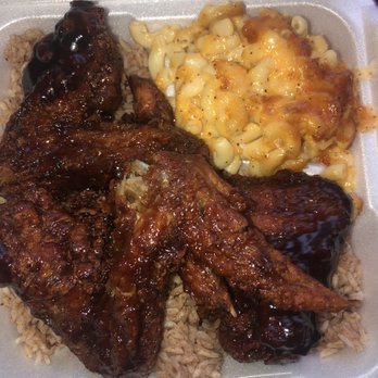 Si Fish & More - 3 bbq wings with Mac and Cheese and Rice and Peas ($12.50) - Soul Food Near Me - Staten Island, New York Si Fish & More - 3 bbq wings with Mac and Cheese and Rice and Peas ($12.50) - Soul Food Near Me - Staten Island, New York