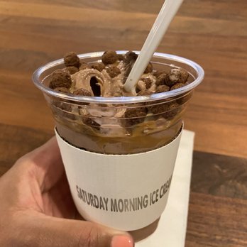 The Exchange Hall - Saturday Morning Ice Cream - chocolate w/ dulce de leche syrup and Cocoa Puffs - Food Court Near Me - Dallas, Texas The Exchange Hall - Saturday Morning Ice Cream - chocolate w/ dulce de leche syrup and Cocoa Puffs - Food Court Near Me - Dallas, Texas