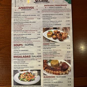Dos Bocas Restaurant - Front of Menu (2024) - Puerto Rican Near Me - Kissimmee, Florida