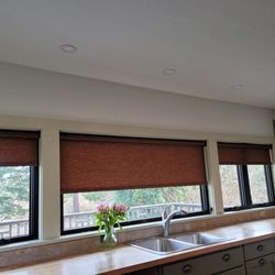 Bloomin' Blinds of Rochester Hills - Graber light filtering roller shades. Prairie collection; color - Woodgrain