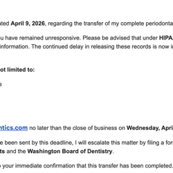 Erika Smith MacDonald, DDS - No response from Melissa for patient record requests despite legally required to oblige under HIPPA