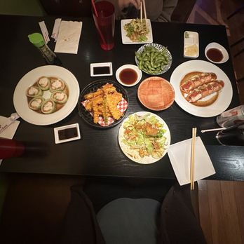 Sushi@Sushi - Mixed tempura, house green salad, oh baby roll, garlic edamame and rollgasm. - Sushi Bars Near Me - Anaheim, California Sushi@Sushi - Mixed tempura, house green salad, oh baby roll, garlic edamame and rollgasm. - Sushi Bars Near Me - Anaheim, California