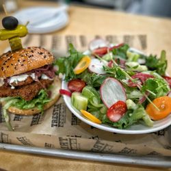 Trestle Brewing Company - Pork schnitzel sandwich and salad