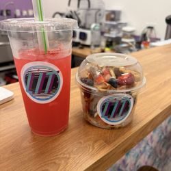 Lit smoothie shop - Strawberry watermelon refresher and protein waffle. Delicious and doesn't taste chalky like most protein snacks