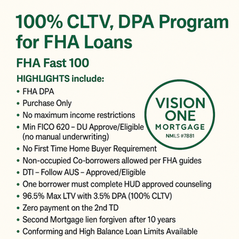 Vision One Mortgage prestamos de Casa - FHA Fast 100 - Your Path to Homeownership
$0 down payment required
No income restrictions
2nd lien forgiven after 10 years - Mortgage Lenders Near Me - Tustin, California Vision One Mortgage prestamos de Casa - FHA Fast 100 - Your Path to Homeownership
$0 down payment required
No income restrictions
2nd lien forgiven after 10 years - Mortgage Lenders Near Me - Tustin, California